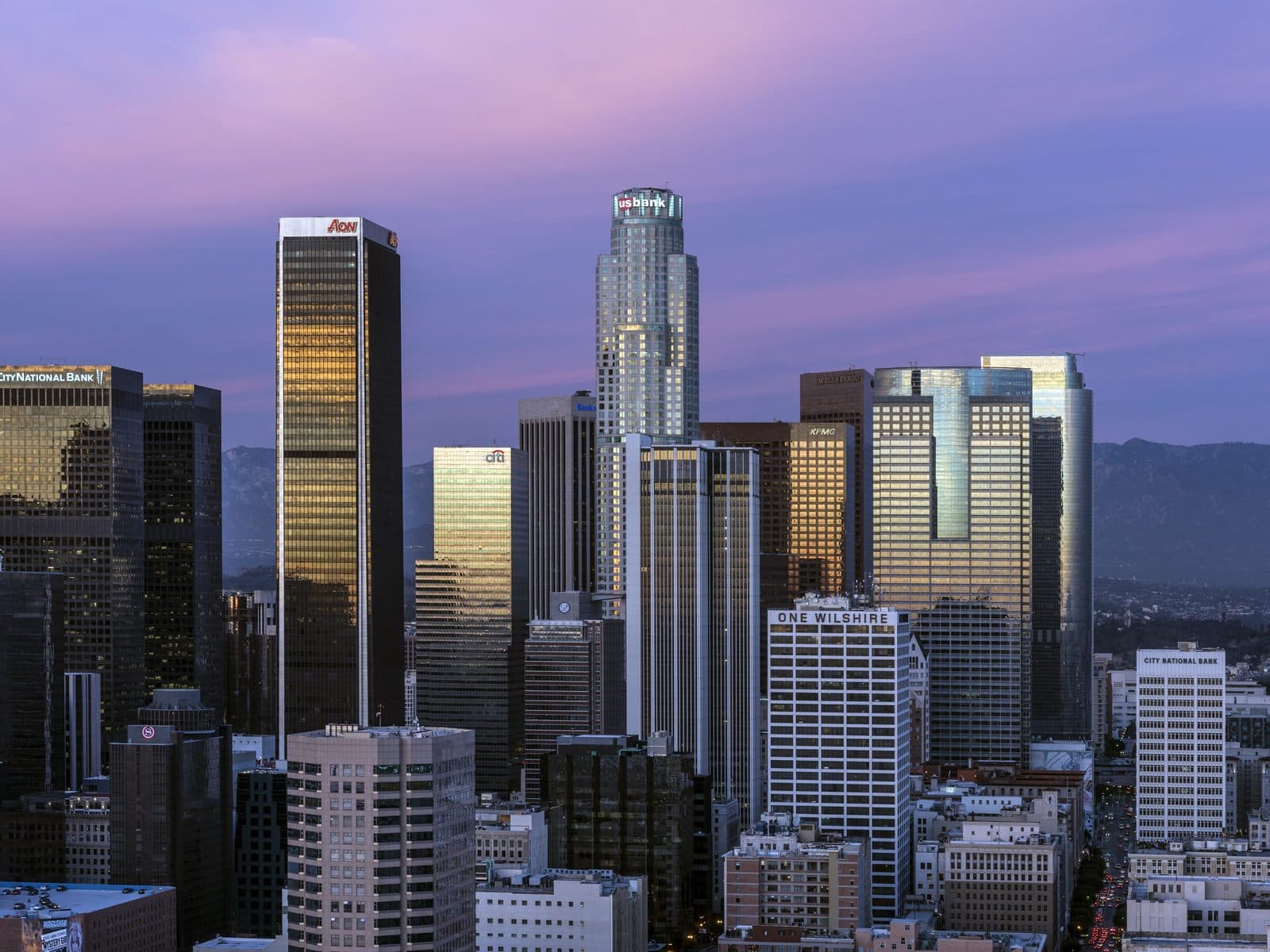 Mobile auto detailing in Los Angeles — downtown skyline Downtown Los Angeles skyline at dusk, the heart of DG Detailing's mobile auto detailing service area