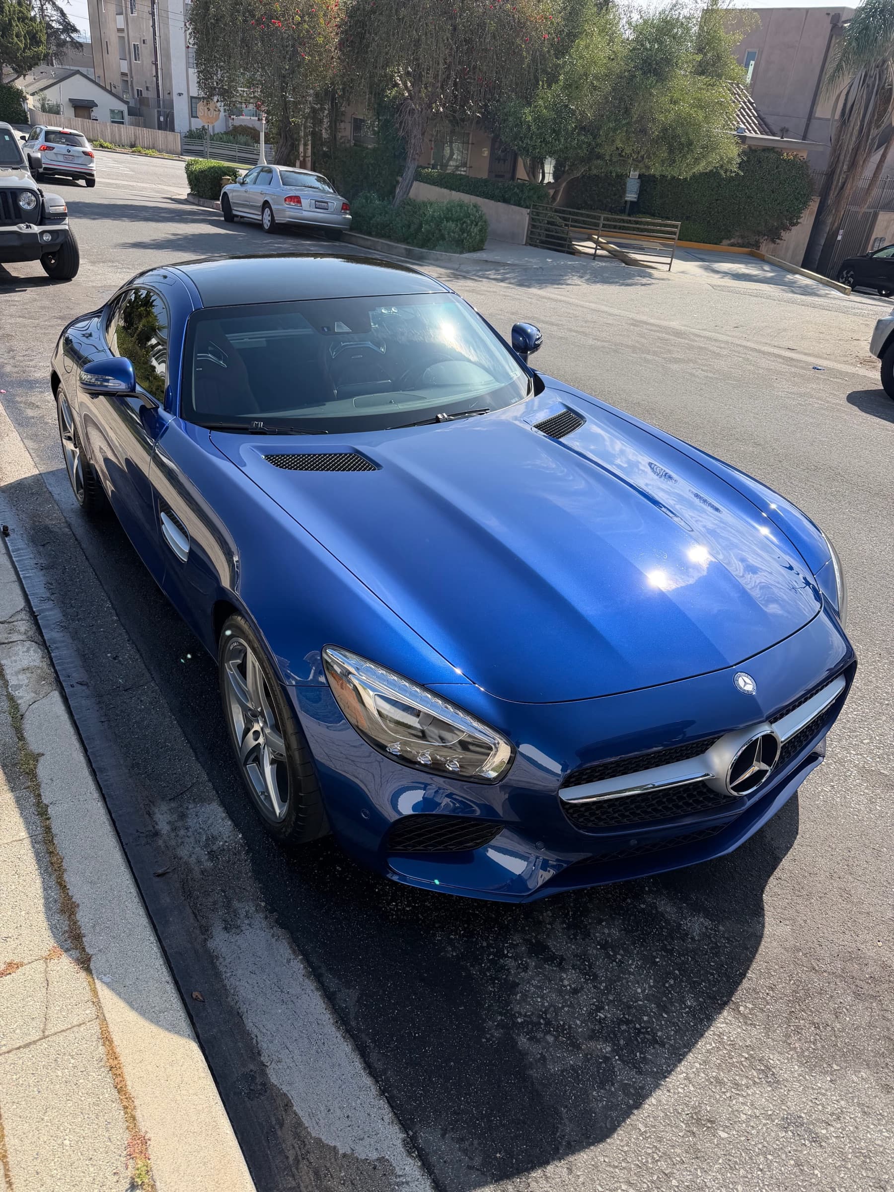 Finished mobile detail on a blue Mercedes-AMG GT with a glossy, freshly washed finish